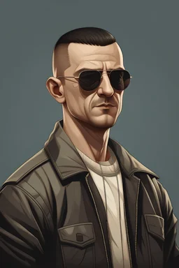 A man very short hair,like gangster, sunglasses, jacket, gta style,