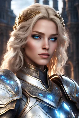 Beauty armored queen portrait holding greatword, blue eyes, blonde hair, white metal armor, background fantasy city, fine detail, atmospheric sharp focus, sharp edges, Broken Glass effect, stunning, breathtaking beauty, Volumetric light, reflects detailed masterpiece, 8k resolution, dark fantasy concept hyperdetailed, intricately detailed, deep color, Unreal Engine