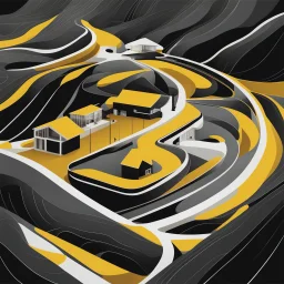 Ilustración minimalista de una casa campestre estilo Zaha Hadid forma redonda en las montañas arte nouvea color negro blanco y amarillo vista aérea