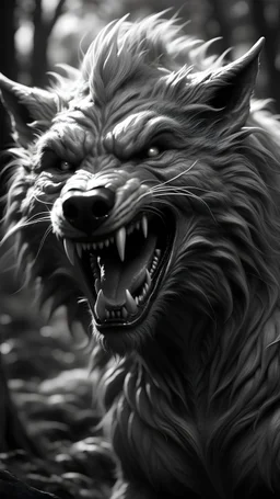 happy gentle kind grinning werewolf, smiling eyes wide open: daytime: black and white still, digital art, perfect composition, beautiful, detailed, intricate, insanely detailed, octane render, trending on artstation, 8k, artistic, photography, photorealistic concept art, soft natural volumetric cinematic perfect light, chiaroscuro, award-winning photograph, masterpiece, oil on canvas: