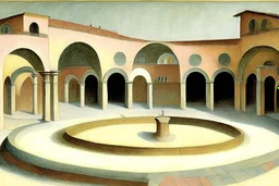 a round plaza, a Roman arcade with arches curved around it, by artist "Leonora Carrington"