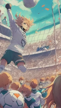 anime soccer goalkeeper saving the ball, crowded stadium in the background