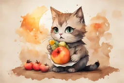 double exposure, merged layers, painted and burned burlap, cute chibi anime cat eating fruit, melting watercolor and black ink outlines on wet paper, soft, shading strokes, in sunshine, ethereal, otherwordly, cinematic postprocessing, bokeh, dof