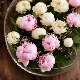 Cinematic shot of peonies inside a glass bowl, glass, crystal, linen, dewdrops, warm lighting, luxurious, terrarium