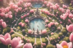 Top view of a cute elf village in the middle of a tulip blossom, shops, park, fountain, elves, in sunshine, ethereal, cinematic postprocessing, bokeh, dof