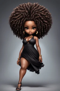 create a digital airbrush image of a chibi curvy black female wearing a black maxi dress and black sandals. Prominent make up with brown eyes. Highly detailed wild tight curly afro.