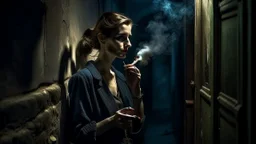 Woman smoking a ciguarete in a narrow lonely dark ally