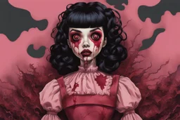 full color, illustration of a darkred and pink tones, menacing, Singer Melanie Martinez face, as a decayed, broken, skin turned translucent, black veins that extended like roots beneath her skin, latex suit, crude homemade cloth doll toy, with a narrow cracked porcelain face, thick dark eyebrows, hair in two gradually, made from ragged strips of cloth, in the style of Alex Pardee, Tim Burton, and Nadya Sheremet