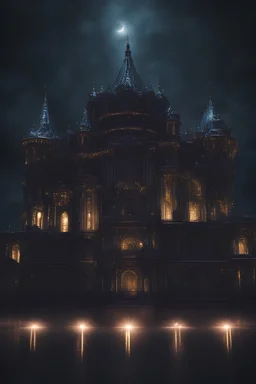 A dark palace at night with bright lights all around
