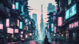 generate me a 2d picture of cyberpunk like futuristic city of japan on the street and make it retro make it so we are on the side of the street facing buildings over street