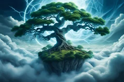 epic 4k tattoo of immovable tree colliding with unstoppable gusts of wind energy force traveling high above calm clouds, florescent