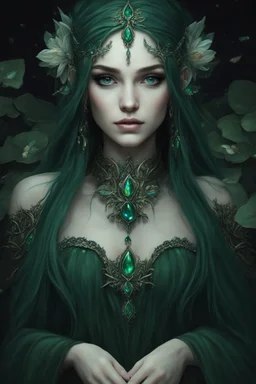 Dark green hair, elven crown emerald Water lilies long hair lotus night Fairy princess rapunzel hair queen crown dragonflies fireflies elven tiara flowers fairy wings gothic dark green