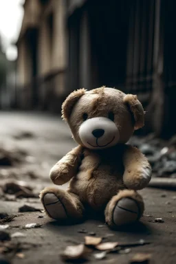 Sad Tedy bear sitting on damaged street