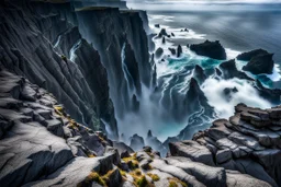 This mesmerizing ocean cliff scene captures the dramatic power and beauty of nature. Towering rugged cliffs stand majestically against the vast expanse of the ocean, where multiple waterfalls cascade down, merging into the turbulent sea below. The cliffs, with their sharp and jagged edges, create a stark contrast to the smooth, flowing water, making the scene even more captivating. Sunlight pierces through the mist rising from the waterfalls, creating a magical, ethereal atmosphere. The powerful
