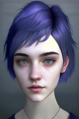 Realistic female teenager with pale skin, big grey eyes, blue and purple short hair, angular facial features, round face, prominent collarbones, black clothing