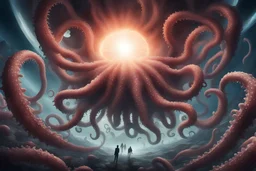 View into an event horizon in space with many enormous strange tentacled creatures with huge eyes and mouths flying around