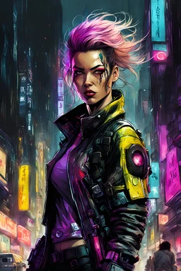 full color concept illustration of cyberpunk anti heroine , maximalist, sharp focus, highest resolution, in the styles of Denis Forkas and Masahiro Ito, boldly inked, 8k, coarse, gritty textures