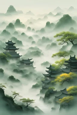 Jiangnan, green wind, clouds and mist, a little yellow-green, ancient style, poetry and illustrations, very clear and delicate