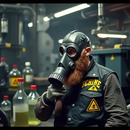 en skäggig motorcykelklubbs kille som försöker prata med en gasmask i en fabrik, livsfarliga kemikalier som lut och syra, varningsymboler, gasmasker, dom kallar honom för babyface för att ser så barnslig ut