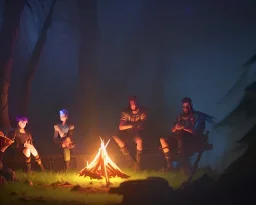 Adventurers resting around a campfire with a cooking pot in a forest clearing at night, starry sky, dark fantasy, high detail, high definition, big adventuring bags