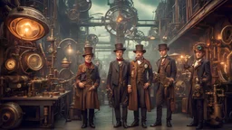 Photographie primée d'un groupe de personnes steampunk, anatomie parfaite, vêtues de vêtements complexes de l'époque victorienne, faisant fonctionner des machines et des inventions steampunk dans un paysage urbain steampunk animé, rétro-futuriste, révolution industrielle, science-fiction, environnement détaillé, éclairage d'ambiance, mécanique merveilles d'ingénierie, engrenages et tuyaux, couleurs vibrantes, photoréaliste, histoire alternative, esthétique art nouveau, détails élevés, 16k.