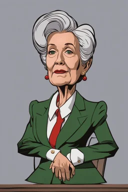 Portrait of an 69 year old republican female president from Alaska. She has grey hair and green eyes. She looks exhausted