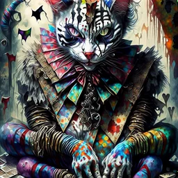 Harlequin cat patchwork art by cameron gray epic poster, Hyper realistic monster clown. sits on a pile of bones and skulls watercolor painting, Jean-Baptiste Monge style, bright, beautiful in spring, splash, big perfect eyes, rim lighting, lights, magic, fantasy, digital art, wlop, artgerm and james jean Modifiers: 8k cinematic lighting photorealistic 4K 3D crisp quality hdr Ultra realistic Gian Lorenzo Bernini Geometric and cubist