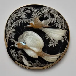 coaster of kingfisher ivory brooch with black pearl inlay, opalescent marble carving, decorative design, classical ornament, highly ornate, highly intricate, highly detailed etching, marble carving, warm lighting, linen backdrop