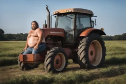 extreme close up photography of a ugly strong overweight 42 year old gipsy tractor driver shirtless in short pants to his tractor in the field, manly chest, bullneck, big nose, short beard, angry eyes, tattoo, long curly hair, photorealistic, side light , frontal view from the ground