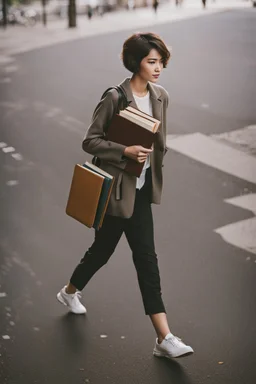 color photo of a student girl 22 years old ,short hair with her books in her hand walking in street,next to trees.