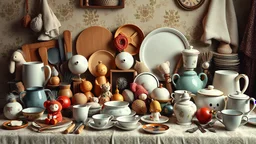 a collection of assorted household objects on a table, including cutlery, crockery, toys, clothes, ornaments, exquisite composition, beautiful detailed intricate insanely detailed octane render trending on artstation, 8k artistic photography, photorealistic concept art, soft natural volumetric cinematic perfect light, chiaroscuro, award-winning photograph, masterpiece, raphael, caravaggio, Alma Tadema, Bouguereau