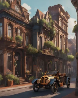 an ultra 8k detailed painting of a steampunk car, driving in a street in a victorian town, by Caravaggio, by Rachel Ruysch, generative art, intricate patterns, colorful, photorealistic