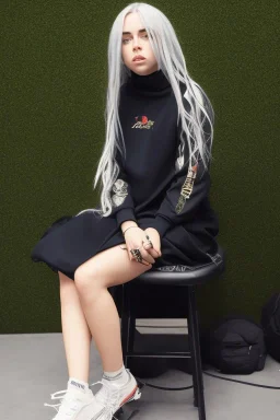 Billie Eilish, sitting on a chair, Black Short Dress, high detail, realistic