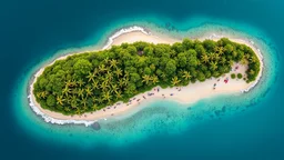 A tropical island in the shape of a sneaker, lush green vegetation, sandy beaches along the sole, surrounded by turquoise water, people relaxing on the laces, dreamlike vibe, concept art style, fashion meets fantasy, overhead drone view.