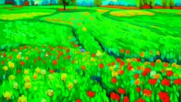 A neon green field with beautiful flowers painted by Vincent van Gogh