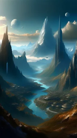 sci fi, fantasy, busy city, magical mountains