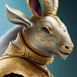 fantasy magic, sharp focus, illustration, highly detailed, digital painting, concept art, art germ and Paul Lewin and Kehinde Wiley, masterpiece silver rabbit head bronze turquoise golden waves