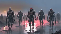 {{{Bio-engineered undead cyborg army marching}}} machine soldiers, future military, tactical wear, gas creepy landscape, techno gothic visual composition, science fiction painting, Denis Sarazhin, Alex Colville, Simon Stålenhag, Neil Blomkamp, Frank bowling, Christopher Shy, Alejandro Burdisio, RAW, gritty, high contrast, atmospheric horror art, gripping and suspenseful, vivid, neon overlay, narrative art, textured, dramatic, surreal horror, gestural, disco diffusion