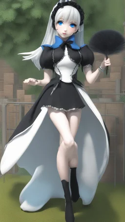 3d maid with black long dress and short black hair and blue glowing eyes