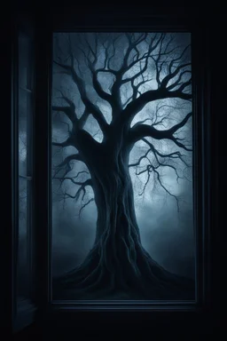 Midnight Whispers ghost window showing a scary tree on the outside