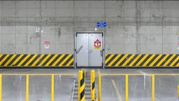 wall design for parking garage, concrete, yellow painted hazard lines, weathering and water stains, in middle is a realistic steel double doors to a stairway, with a sign is above. rough painted hashmarks and parking lines, add signage found in a parking garage.