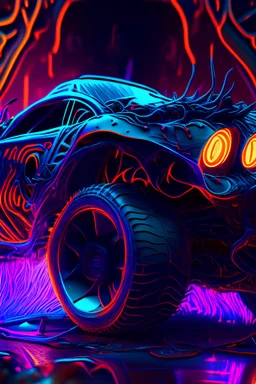 blacklight reactive 3d 8k hd :: hot wheels :: by stephen king, crazy, dark fantasy, intricate detailed masterpiece, ray tracing:: cinematic 4D::