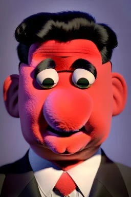 Waist up muppet Portrait, Kim Jong-un muppet doll, black suit, photo studio, red background, unreal engine 5, concept art, art station, god lights, ray tracing, RTX, lumen lighting, ultra detail, volumetric lighting, 3d.