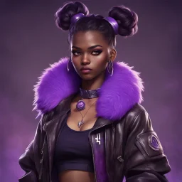 arcane tv show style, league of legends, solo, 1girl, attractive teenager, african, dark skin, dark-brown eyes, black hair, pair buns, (violet strand in forehead bang), necklace, earrings, modern makeup, (detailed skin texture), old leather jacket with violet fur collar, oversized torn t-shirt with half-erased unknown music group logo, You can see through the wide holes in the t-shirt her acid-green sport top, dark background, bokeh, cinematic atmosphere