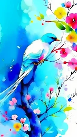 a smear . Field of wild a colorful flowers watercolor drawing on a blue splash colors background with a beautiful white bird on a tree branch