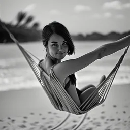 mujer sentada en una hamaca de madera en la playa, fotografía real, fotografía realizada con un cámara Fuji y objetivo de 35mm, fotografía en blanco y negro, tono años 60