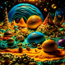 Detailed creepy landscape made of modeling clay, stars and planets, Roger Dean, Tim Burton, strong texture, Ernst Haekel, extreme detail, Max Ernst, decal, rich moody colors, sparkles, bokeh, odd