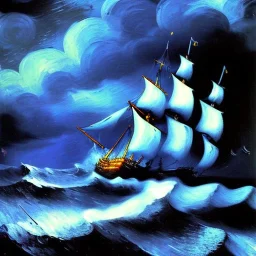 Dibujo al oleo de un Viejo Galeón Pirata navegando en la tormenta, Rayos y truenos, con nubes estilo Vincent van Gogh 8k