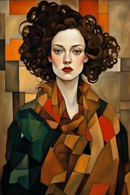 Woman in the cubism style of argon Schiele + Gustav Klimt. Rich, lovely colors, full cubism style