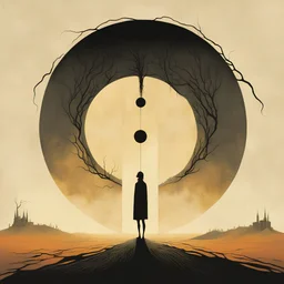 Surreal style by Alessandro Gottardo and John Stephens and Zdzislaw Beksinski, the faceless spinning dark shine hole in the soul, warm colors and cold hues, eerie, neo-surrealism, creepy, concept art, unbalanced and uncentered composition